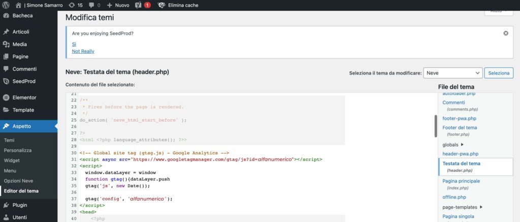 come inserire tag globale google analytics su worpress